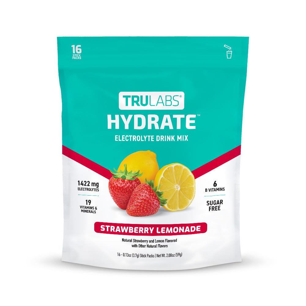 TRULABS Hydrate Electrolyte Drink Mix – Strawberry Lemon Flavor, Sugar-Free Hydration Packets with 1422 mg Electrolytes & 19 Vitamins & Minerals, Monk Fruit Sweetened, On-the-Go Sticks (16 Count)