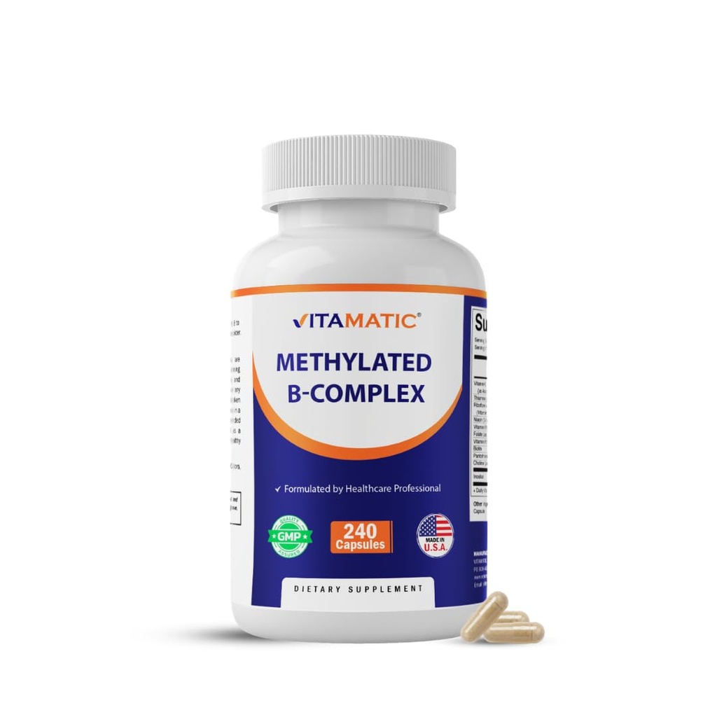Vitamatic Methylated B-Complex Vitamins – 240 Capsules | Includes Methyl B12, L-5-MTHF Folate, Choline, Inositol, B1, B2, B3, B5, B6, Biotin | 10 in 1 B Complex Supplement | Made in USA