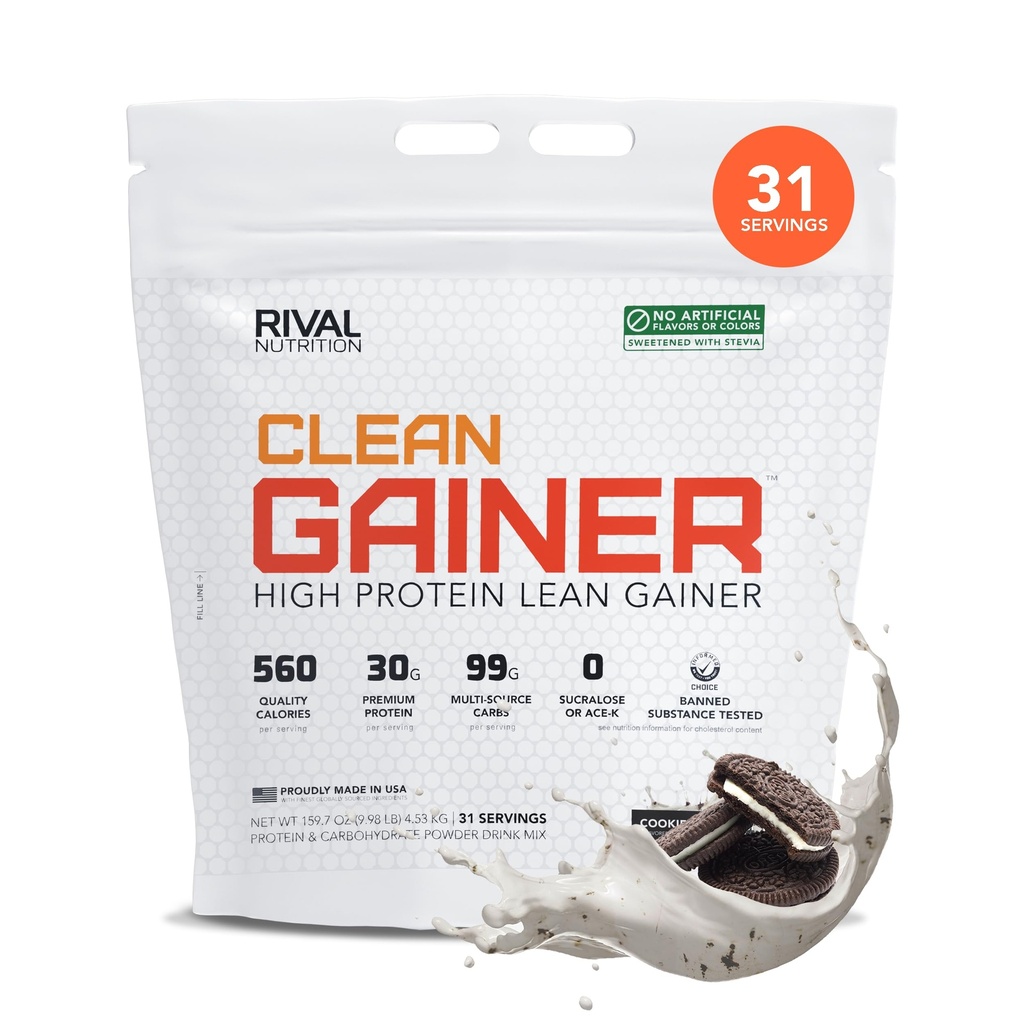 RIVAL NUTRITION Clean Gainer Cookies & Cream High-Protein Lean Gainer Powder I 10 Lb, 31 Servings I 560 Calories, 30g Protein, 99g Multi-Source Carbs Per Serving I Natural Flavors, Clean Ingredients