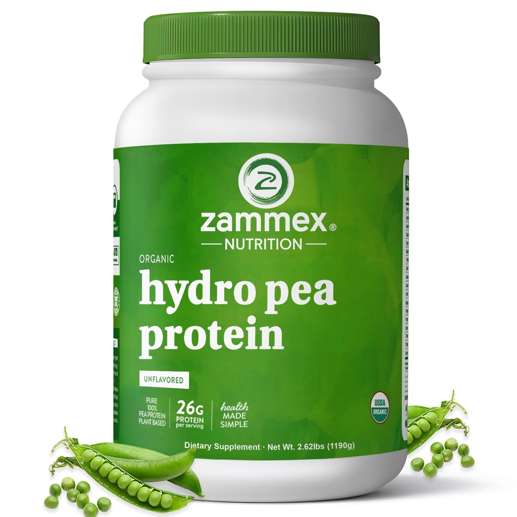 Zammex Organic Pea Protein Powder, 26g Protein, BCAA, Plant Based 100% Vegan Pea Protein, Gluten Free, Keto Friendly, Unflavored 2.62lbs