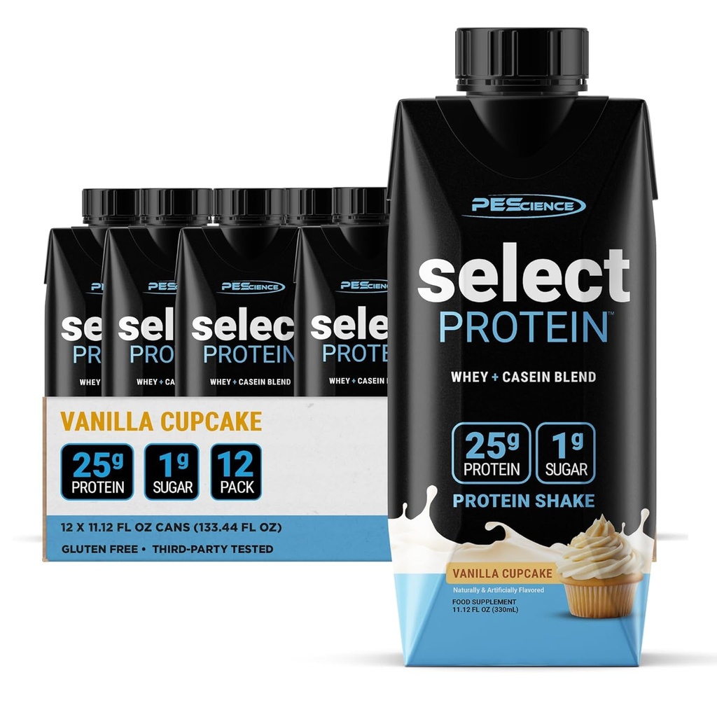 PEScience Select Protein Shake RTD, 25g Whey and Casein Blend, High Protein Drink, Gluten Free, Keto Friendly, 0g Sugar, Low Carb Ready to Drink Meal Replacement, Vanilla Cupcake - Pack of 12