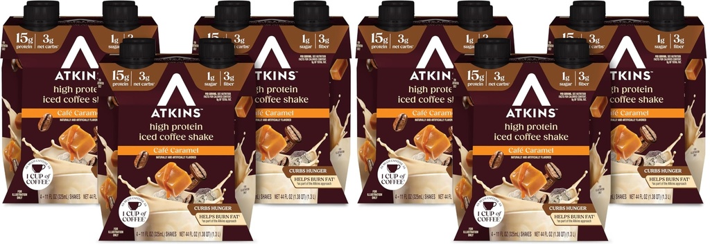 Atkins Protein Shake, Caramel Iced Coffee, 15g Protein | Low Glycemic | 3g Net Carb | 1g Sugar | Pack of 2