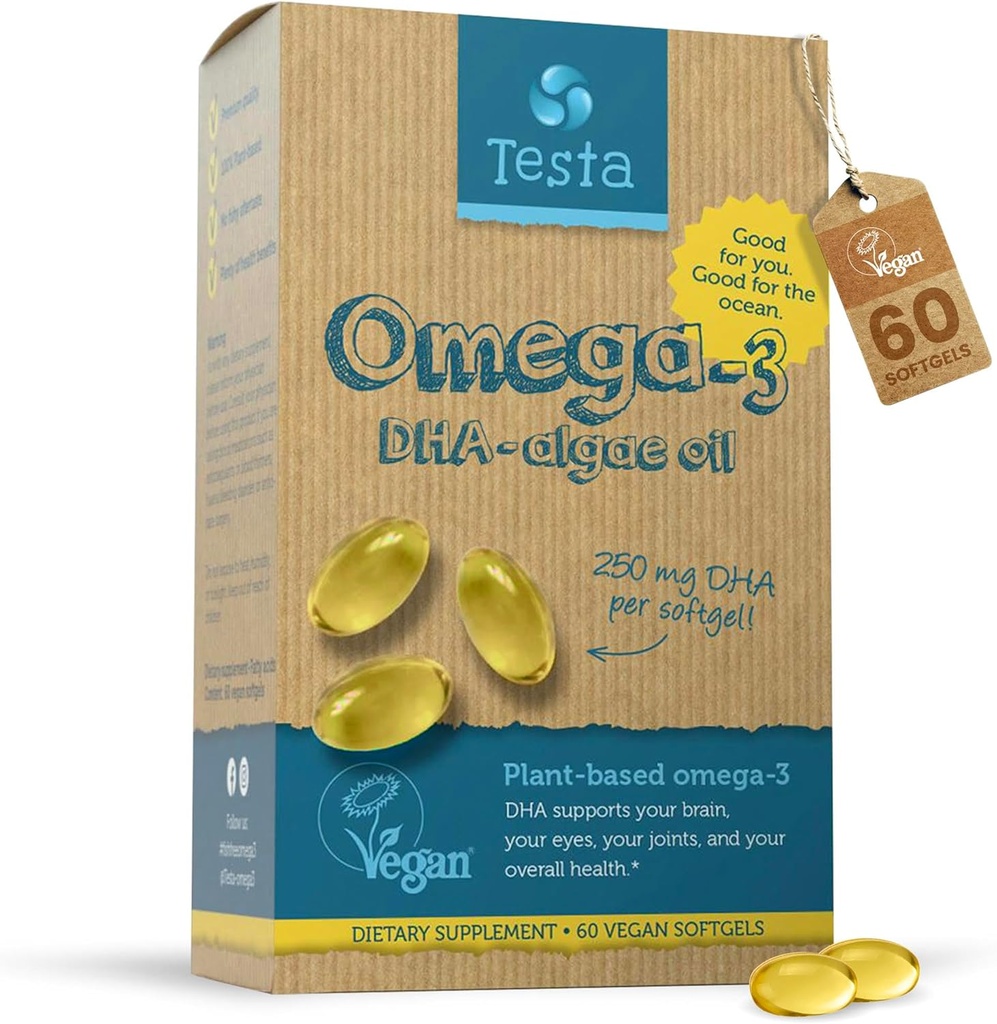 Testa Omega 3 συμπλήρωμα - 250mg DHA από Algae Oil - Vegan Omega 3 - Υποστηρίζει τον εγκέφαλο, τα μάτια και την κοινή υγεία - Όχι από τα ψάρια, καθαρό κάψουλες Algae - Δύο μήνες προσφοράς