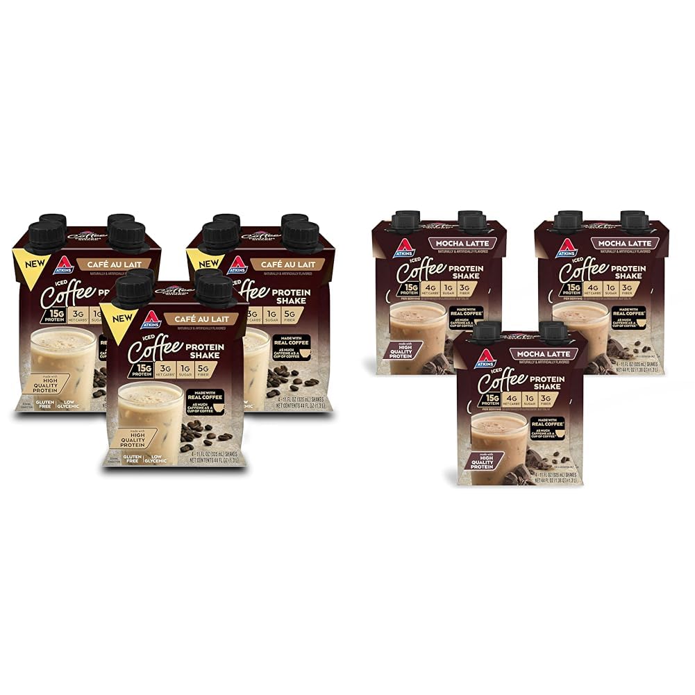 Atkins Café au Lait Iced Coffee Protein Shake, 15g Protein, Low Glycemic, 3g Net Carb, 1g Sugar & Mocha Latte Iced Coffee Protein Shake, 15g Protein, Low Glycemic, 4g Net Carb, 1g Sugar