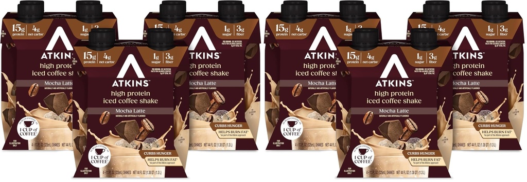 Atkins Mocha Latte Iced Coffee Protein Shake, 15g Protein, Low Glycemic, 4g Net Carb, 1g Sugar, Keto Friendly (Pack of 24)