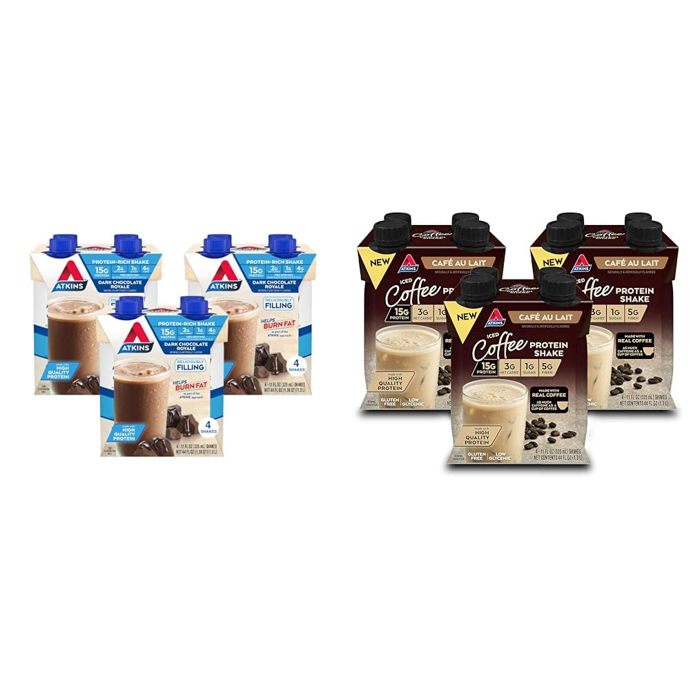 Atkins Dark Chocolate Royale Protein Shake & Café au Lait Iced Coffee Protein Shake, 15g Protein, Low Glycemic, 3g Net Carb, 1g Sugar, Keto Friendly, 12 Count
