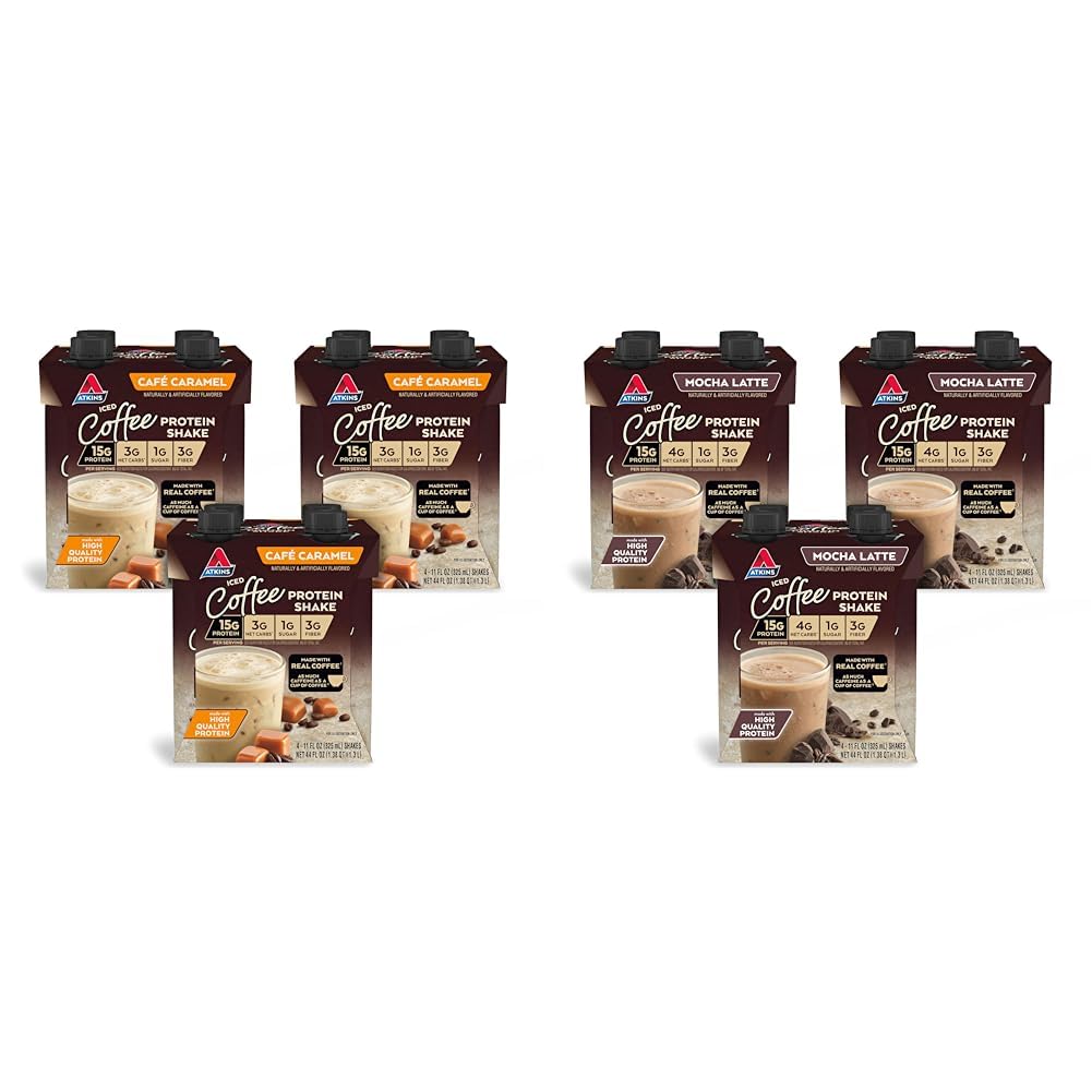 Atkins™ Café Caramel Iced Coffee Protein Shake & Mocha Latte Iced Coffee Protein Shake, 15g Protein, Low Glycemic, 4g Net Carb, 1g Sugar, Keto Friendly.