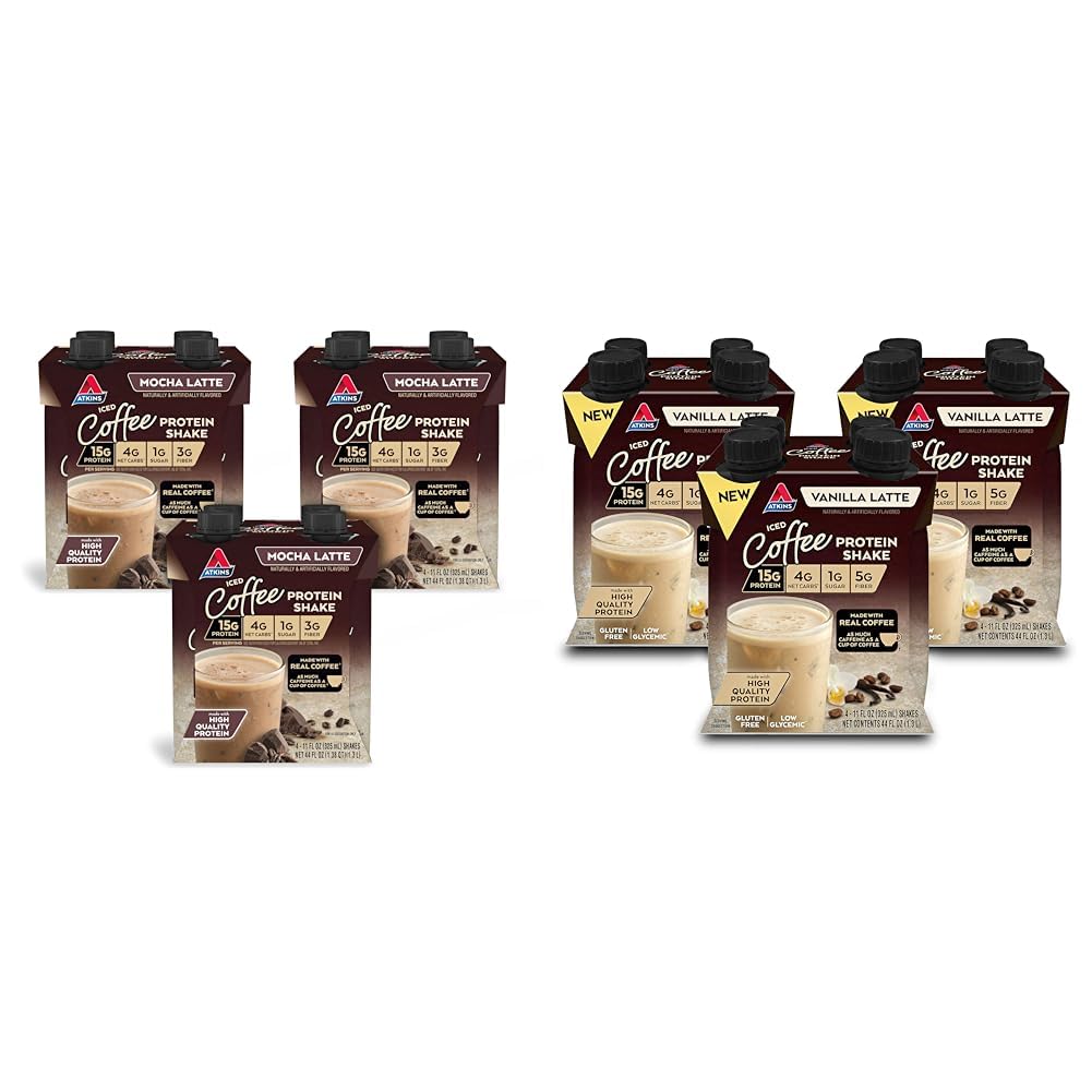 Atkins Mocha Latte Iced Coffee Protein Shake & Iced Coffee Vanilla Latte Protein Shake, 15g Protein, Low Glycemic, 4g Net Carb, 1g Sugar, Keto Friendly, 3 PACK