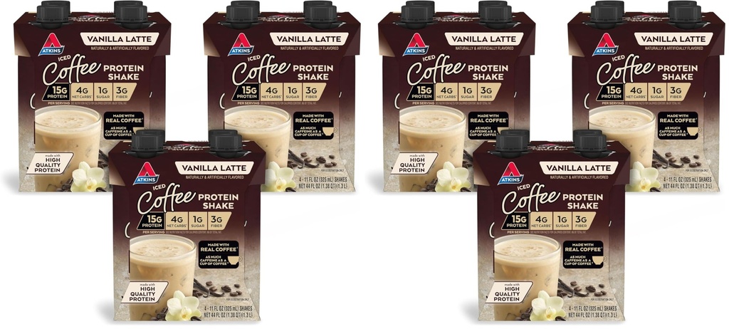 Atkins Iced Coffee Vanilla Latte Protein Shake, 15g Protein, Low Glycemic, 4g Net Carb, 1g Sugar, Keto Friendly (Pack of 2)