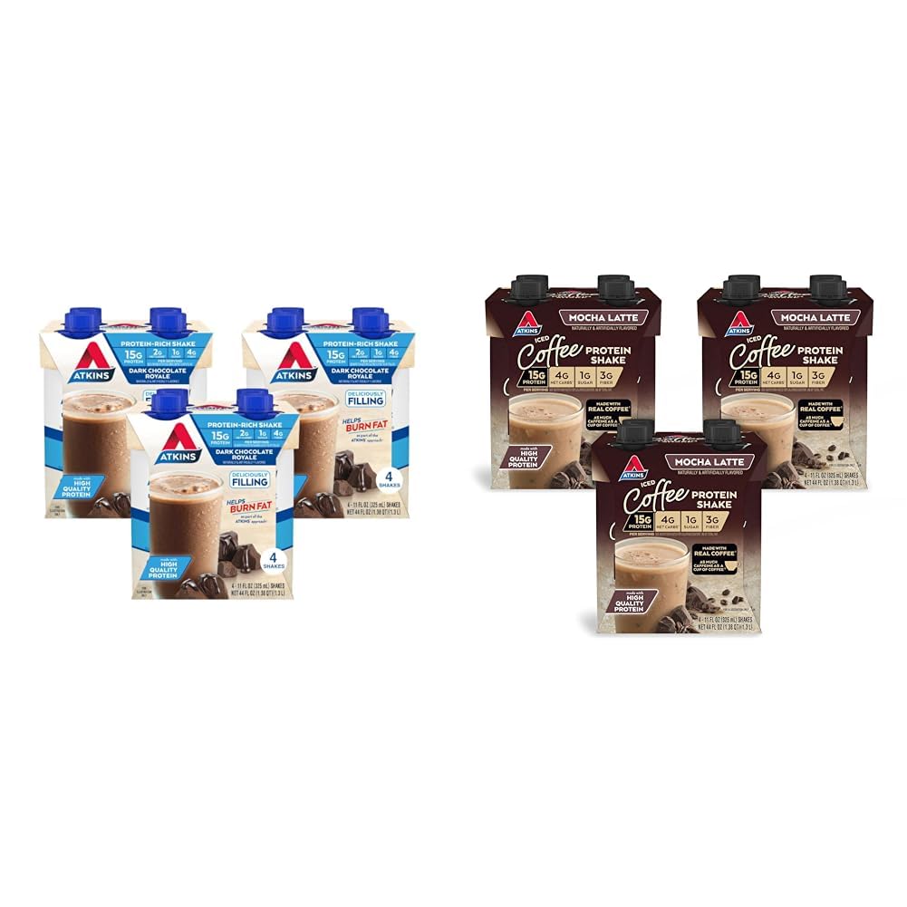 Atkins Dark Chocolate Royale Protein Shake & Mocha Latte Iced Coffee Protein Shake, 15g Protein, Low Glycemic, 4g Net Carb, 1g Sugar, Keto Friendly.
