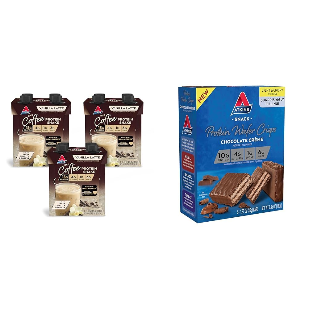 Atkins Iced Coffee Vanilla Latte Protein Shake, 15g Protein, 4g Net Carb, Keto Friendly & Chocolate Crème Protein Wafer Crisps, 10g Protein, 4g Net Carb, 5 Count