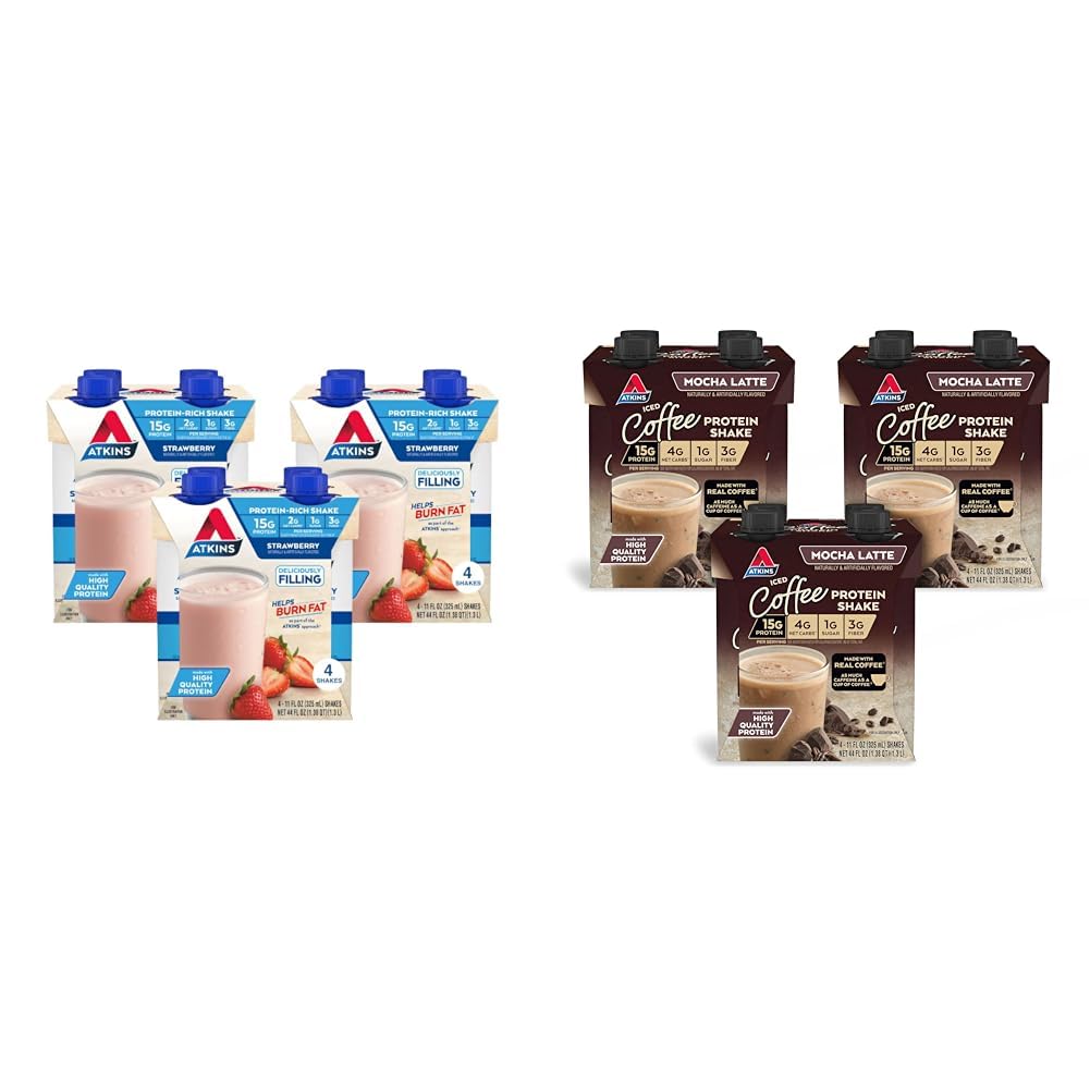 Atkins Strawberry Protein Shake, 15g Protein, Low Glycemic, 2g Net Carb & Mocha Latte Iced Coffee Protein Shake, 15g Protein, Low Glycemic, 4g Net Carb, 1g Sugar, Keto Friendly