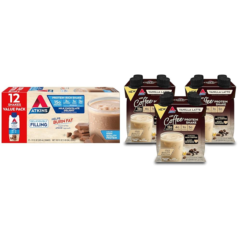 Atkins Milk Chocolate Delight Protein Shake & Iced Coffee Vanilla Latte Protein Shake, 15g Protein, Low Glycemic, 4g Net Carb, 1g Sugar, Keto Friendly, 3 PACK