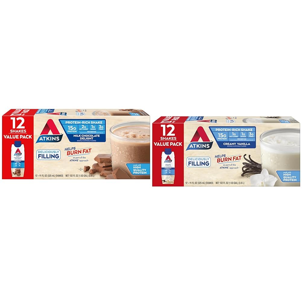 Atkins Milk Chocolate Delight Protein Shake, 15g Protein, Low Glycemic, 2g Net Carb, 1g Sugar & Creamy Vanilla Protein Shake, 15g Protein, Low Glycemic, 2g Net Carb, 1g Sugar, Keto Friendly