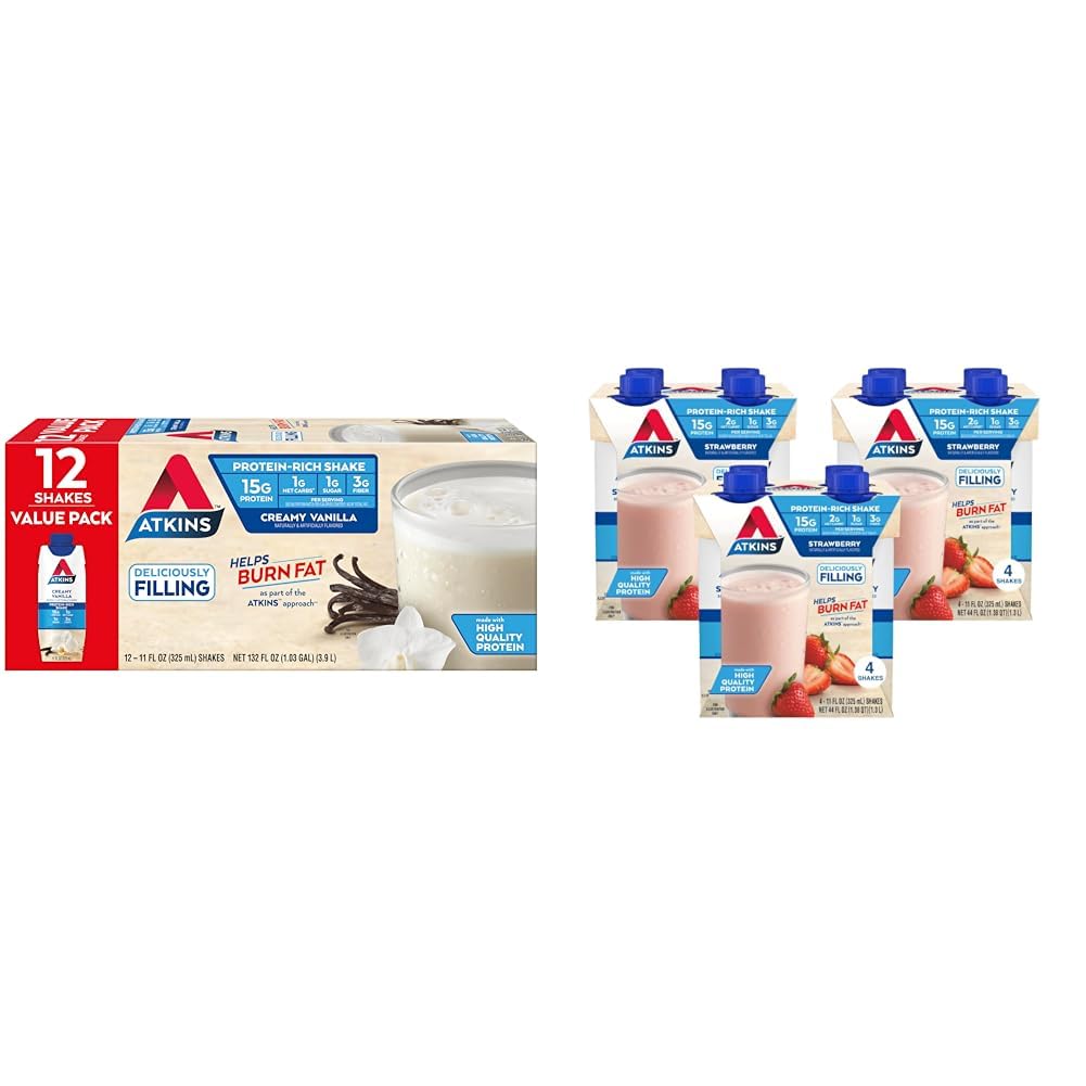 Atkins Creamy Vanilla Protein Shake, 15g Protein, Low Glycemic, 2g Net Carb, 1g Sugar, Keto Friendly & Strawberry Protein Shake, 15g Protein, Low Glycemic, 2g Net Carb, 1g Sugar, 12ct