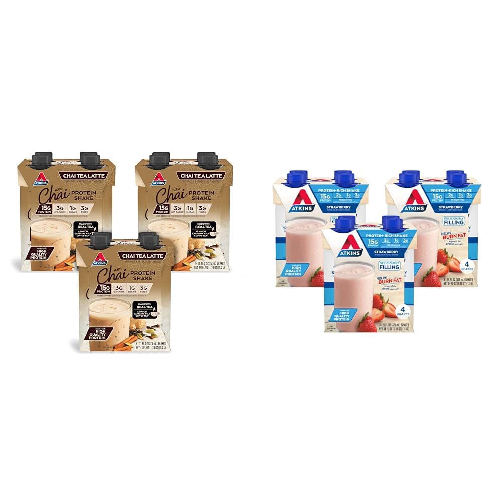 Atkins Chai Tea Latte Protein Shake, 15g Protein, Low Glycemic, 3g Net Carb, 1g Sugar, Keto Friendly & Strawberry Protein Shake, 15g Protein, Low Glycemic, 2g Net Carb, 1g Sugar, 12ct