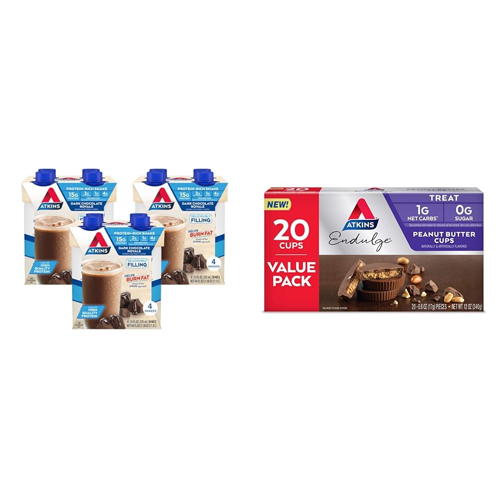 Atkins Dark Chocolate Royale Protein Shake, 15g Protein, Low Glycemic, 2g Net Carb, 1g Sugar, Keto Friendly, 12 Count & Endulge Peanut Butter Cups, Dessert Favorite, Low Carb, 0g Sugar, 20 Count