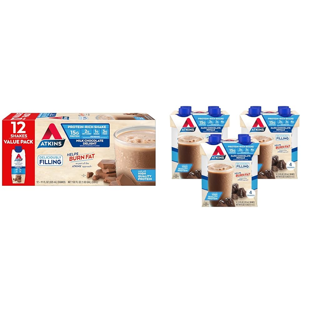 Atkins Milk Chocolate Delight Protein Shake & Dark Chocolate Royale Protein Shake, 15g Protein, Low Glycemic, 2g Net Carb, 1g Sugar, Keto Friendly, 12 Count