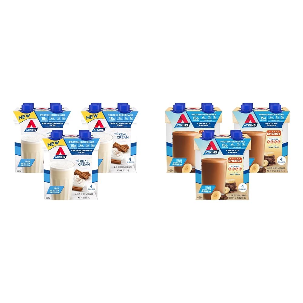 Atkins Creamy Cinnamon Swirl & Chocolate Banana Protein Shakes Bundle, 15g Protein, Low Glycemic, 12 Count Each