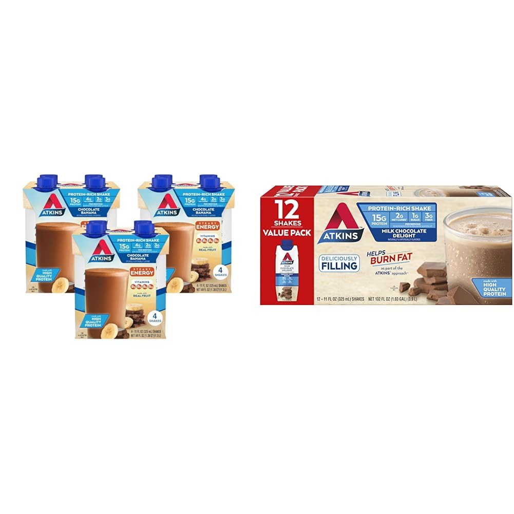 Atkins Chocolate Banana Protein Shake, 15g Protein & Milk Chocolate Delight Protein Shake, 15g Protein, Low Glycemic, 2g Net Carb, 1g Sugar, Keto Friendly, 12 Count