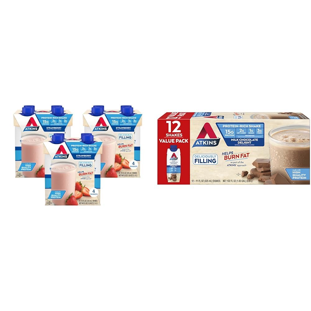Atkins Strawberry Protein Shake, 15g Protein, Low Glycemic, 2g Net Carb, 1g Sugar, 12ct & Milk Chocolate Delight Protein Shake, 15g Protein, Low Glycemic, 2g Net Carb, 1g Sugar