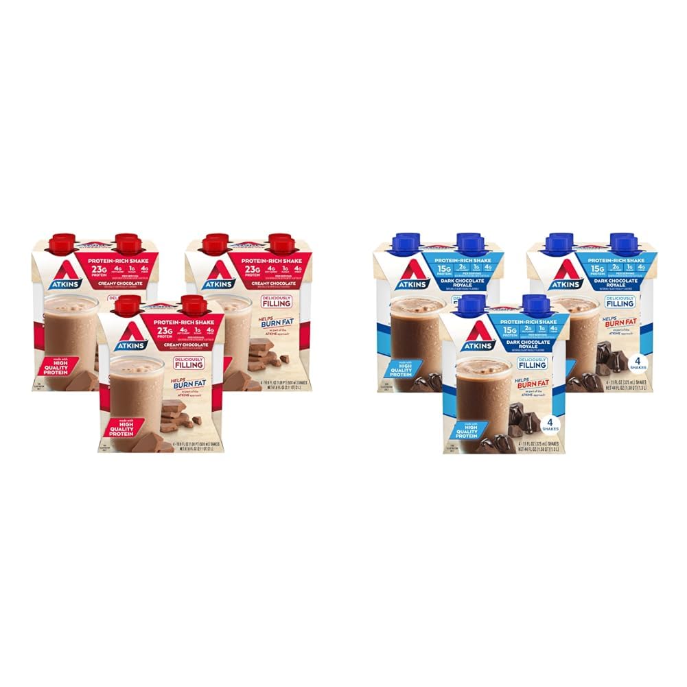 Atkins Creamy Chocolate Meal Size Protein Shake & Dark Chocolate Royale Protein Shake, 15g Protein, Low Glycemic, 2g Net Carb, 1g Sugar, Keto Friendly, 12 Count