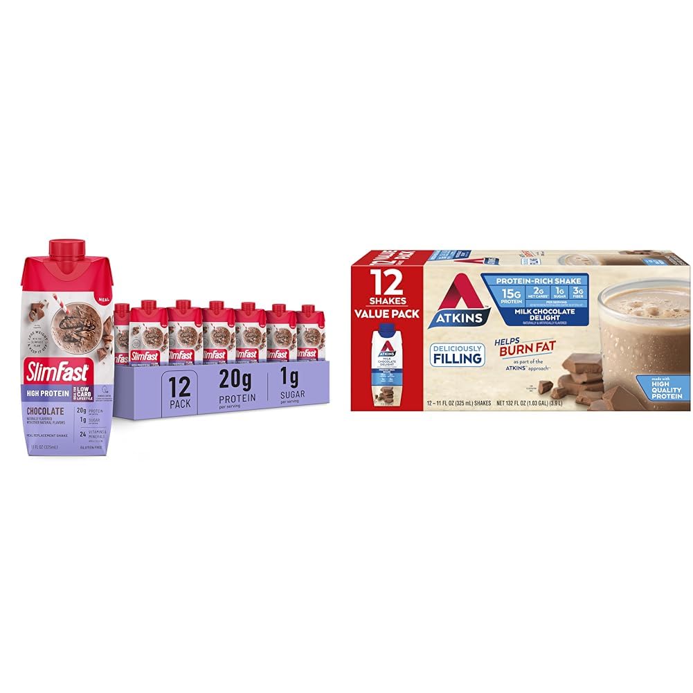 SlimFast Protein Shake & Atkins Milk Chocolate Delight Protein Shake, 15g Protein, Low Glycemic, 2g Net Carb, 1g Sugar, Keto Friendly, 12 Count