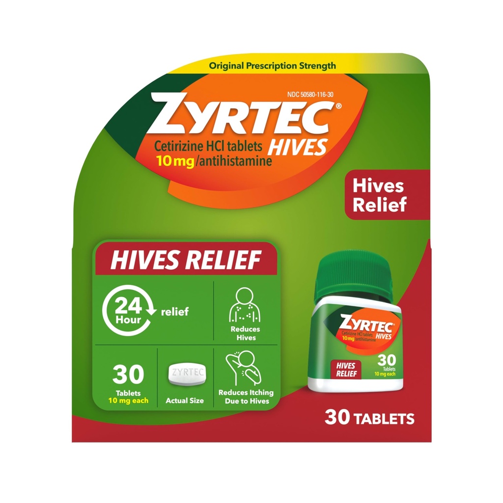Zyrtec 24 Hour Hives Relief Tablets, 10 mg Cetirizine HCl Tablets to Help Reduce Hives & Reduce Icing Λόγω Κυψέλης, Αντιισταμινικά Tablets για Itch Relief & Θεραπεία των Κνημών, 30 ct