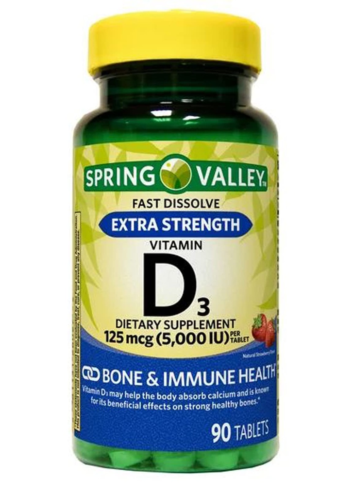 Spring Valley Extra Strength Vitamin D3 Fast Dissolve Tablets Dietary Supplement, 125 mcg (5,000 IU), Strawberry Flavor, 90 Count