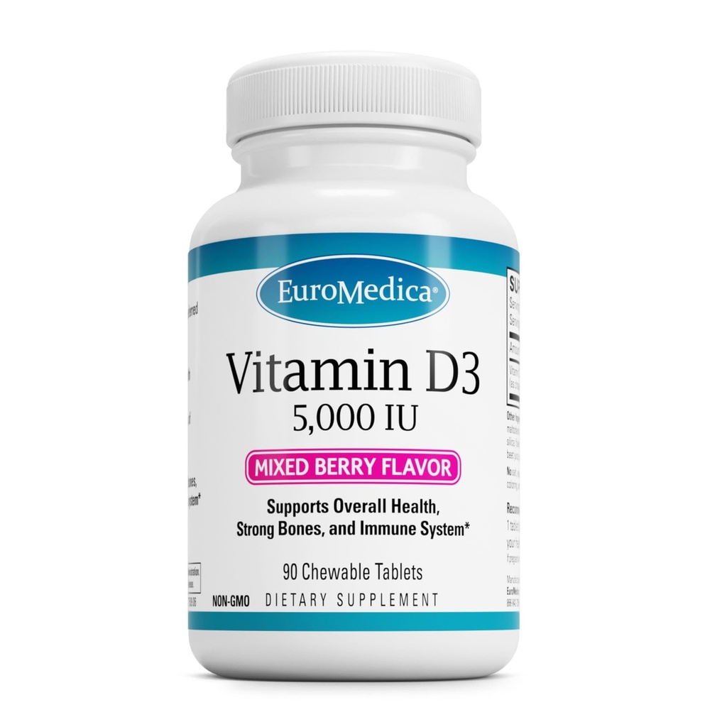 EuroMedica Vitamin D3, Mixed Berry - 90 Chewable Tablets - 5000 IU Vitamin D3 - Supports Overall Health, Strong Bones & Teeth, and Immune System Function - 90 Servings