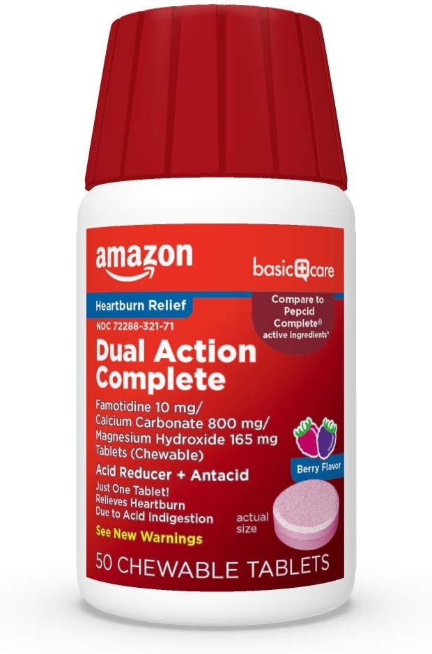 Basic Care Dual Action Complete, Chewable Acid Reducer Plus Antacid Tablets, Berry Flavor, Heartburn Medicine, Acid Indigetion Relief, 50 Count
