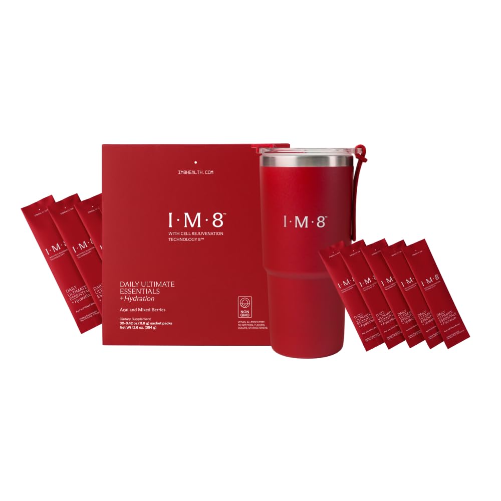 IM8 Daily Ultimate Essentials All-in-One Multivitamin Supplement, 92 Nutrient Rich Ingredients CoQ10, Probiotics, Vitamins, Greens, GF, Acai Mixed Berry (30 Servings, Travel Packs - Tumbler Included)