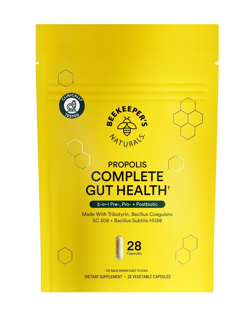 Beekeeper's Naturals Complete Gut Health, 3-in-1 Prebiotic, Postbiotic, Probiotics for Women & Men, Propolis Powered, Gluten-Free Vegan Capsules, 28ct