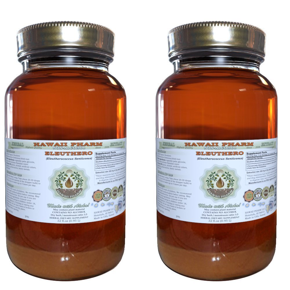 Hawaii Pharm Eleuthero Alcohol-Free Liquid Extract, Eleuthero (Eleutherococcus Senticosus) Siberian Ginseng Dried Root Glycerite Natural Herbal Supplement 2x32 oz Unfiltered