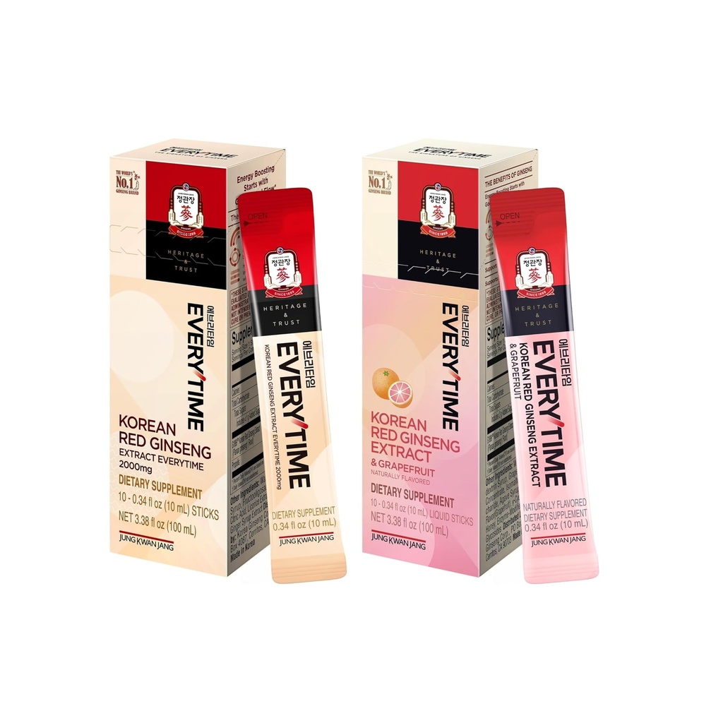 JUNG KWAN JANG Everytime Korean Red Ginseng Liquid Stick Bundle – 2,000mg Red Ginseng Extract with Propolis + 1,000mg Red Ginseng & Grapefruit – Caffeine-Free (20 Sticks Total)