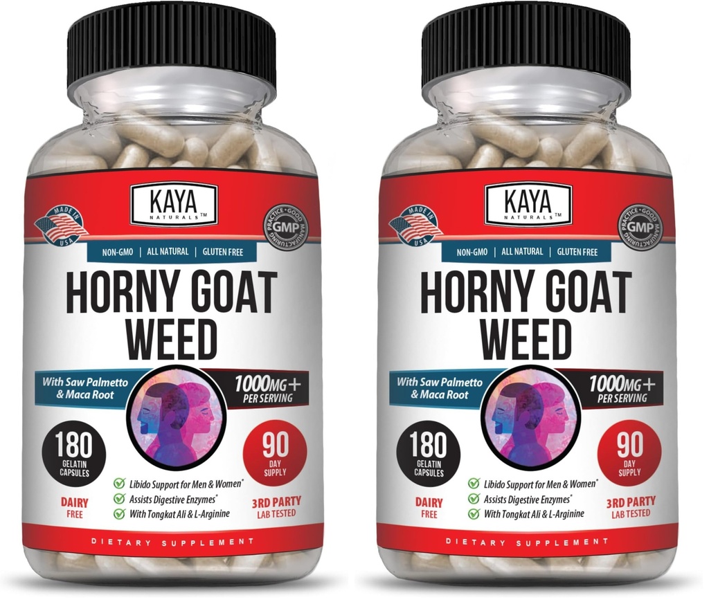 Kaya Naturals Horny Goat Weed Extract - Maca - Extra Strength Complex with Saw Palmetto Ginseng, Arginine Vitamin Supplement - Horny Goat Weed - 180 Count (Pack of 2)