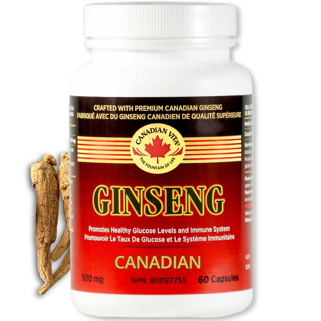 Canadian Ginseng Capsules 500mg (Panax Quinquefolius) – Ginseng Supplement for Energy, Focus & Immune Support – Pure Root Powder Pills – 60 Capsules, Farm-Grown in Ontario, Canada