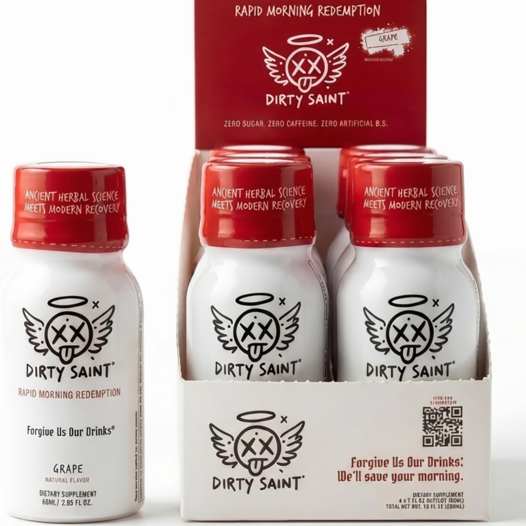 DIRTY SAINT Morning Revival Shot - DHM, 16 Functional Ingredients, 2oz 6pk | Resurrect your day. Milk thistle, glutathione, NAC, hovenia dulcis, B vitamins, electrolytes, zero sugar, natural grape.