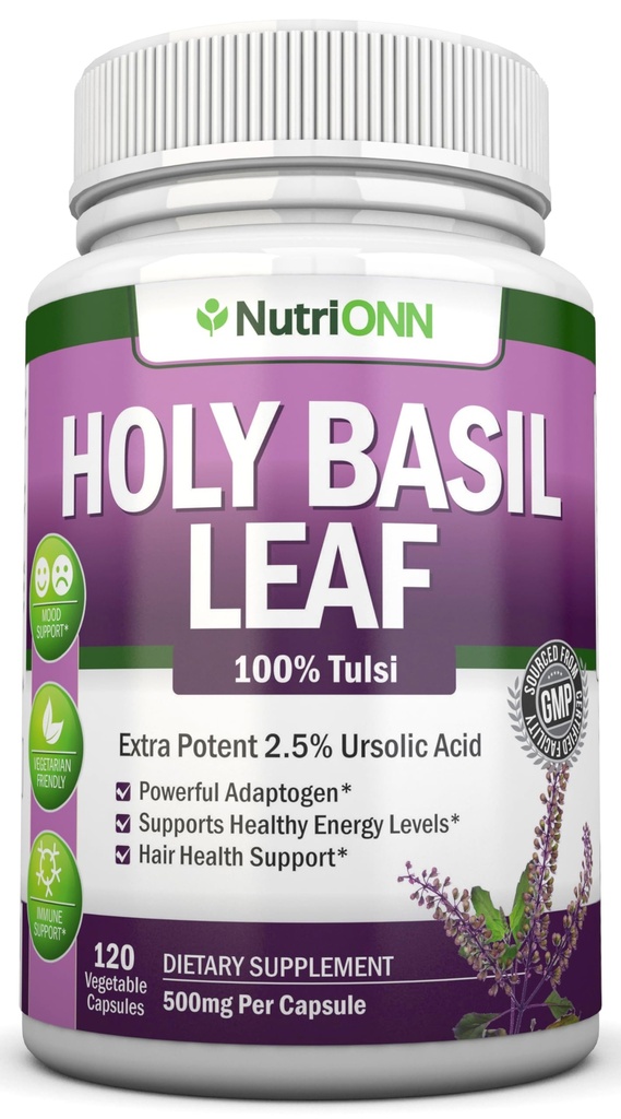 Holy Basil Leaf Capses - 500mg - 2,5% Ουρσολικό Οξύ - 120 Vegan Capses - Real Tulsi Extract Supplement - Θετικό Μυελό - Adaptogenic & Ayurvedic Herb