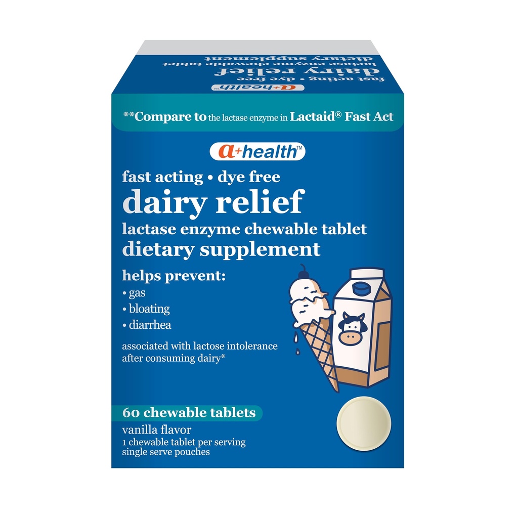 A+Health Dairy Relief Lactase Enzyme 9000 FCC Chewable Tablets, 60 Count, Fast Acting, Dye-Free, Dietary Supplement, Vanilla Flavor, Single Serve Pouches, for Adults and Children 4 Years and Up