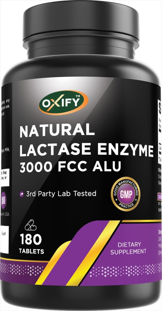 Oxify Lactase Enzyme 3000 FCC ALU | 180 Tablets | Gluten-Free, Non-GMO | Supplement Made in USA