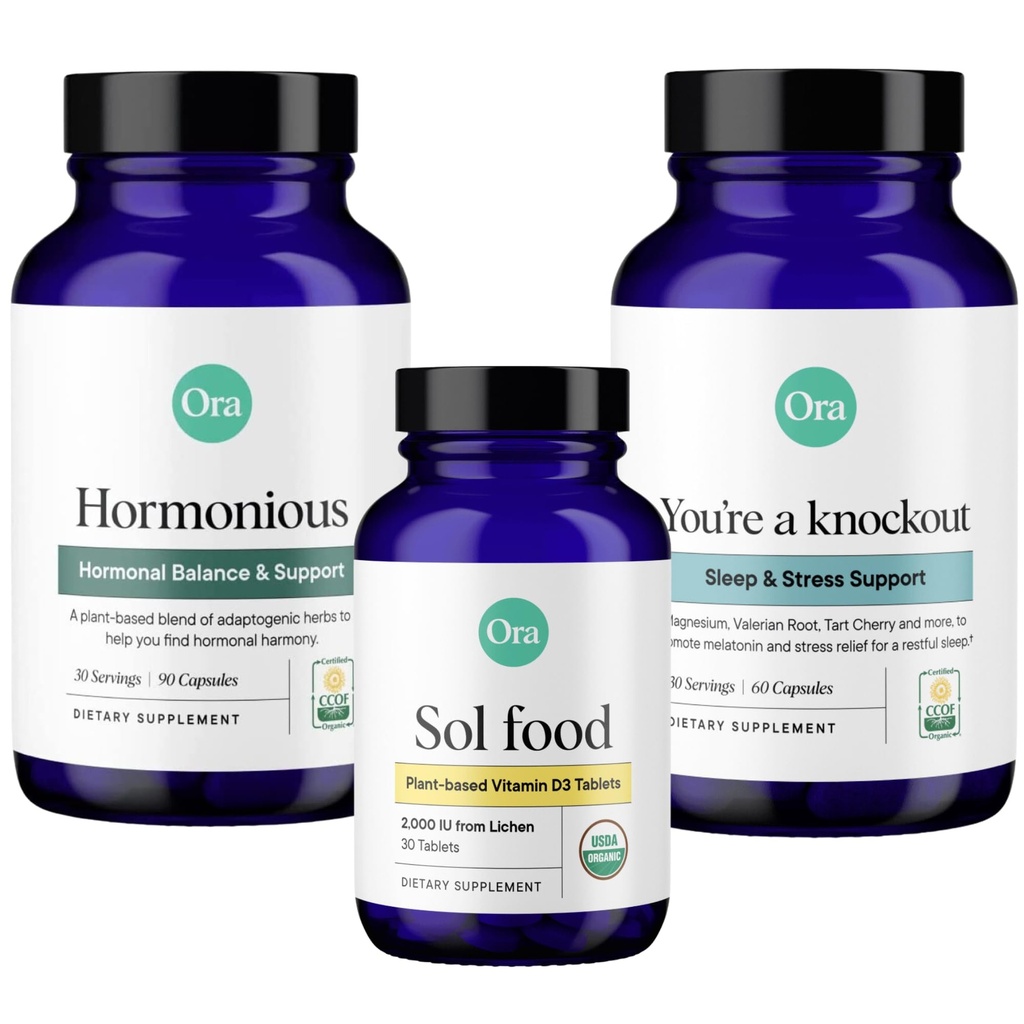 Ora Organic Hormone Balance, Sleep Aid, & Vitamin D Boost Bundle: Support Skin, Mood, Energy + Stress Support Calming Herbal Blend + Vegan Vitamin D, Immune Support