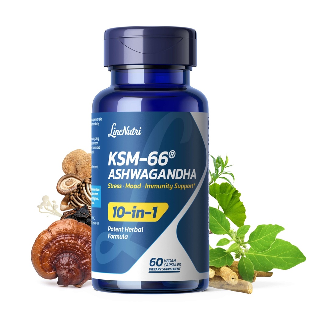 KSM-66 Ashwagandha Supplements | Ashwagandha Root Extract for Women & Men | 10-in-1 Adaptogen Complex for Cortisol Manager, Stress, Energy & Immune Support | 60 Vegan Capsules