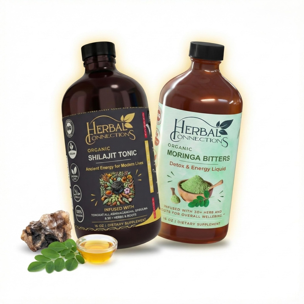 Herbal Connections Shilajit & Moringa Bitters Bundle - Himalayan Fulvic Acid + African Superfood - Energy, Detox & Digestive Support - 2 Pack 16 Oz Bottles - USA Made