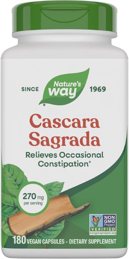 Nature's Way Cascara Sagrada Bark, Περιστασιακή δυσκοιλιότητα ανακούφιση για ενήλικες και παιδιά ηλικίας 12+, Υποστηρίζει την κανονικότητα*, Μη ΓΤΟ έργο Επαληθευμένο, 270 mg ανά υπηρεσία, 180 κάψουλες (Packaging May Vary)