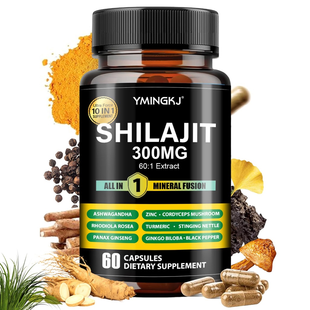 Shilajit Capsules 10 in 1 Supplement 60 Capsules - Shilajit Extract with Ashwagandha, Rhodiola Rosea, Panax Ginseng, Cordyceps, Turmeric, Ginkgo, Fulvic Acid Trace Minerals Supplement, Gluten Free
