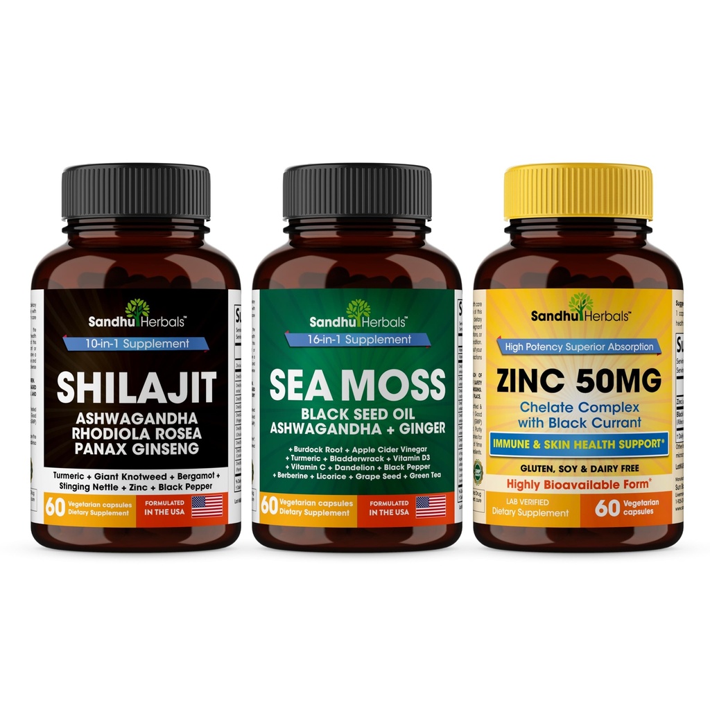 SANDHUHERBALS Shilajit, Sea Moss & Zinc 50mg Supplement Combo | Supports Natural Energy, Immune and Cognitive Health