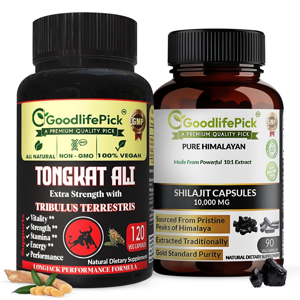 Tongkat Ali & Himalayan Shilajit Virtual Bundle – 120 & 90 Veg Capsules – Tribulus Terrestris, Longjack Extract, Trace Minerals – All-Natural, Vegan, Non-GMO, No Rice Powder