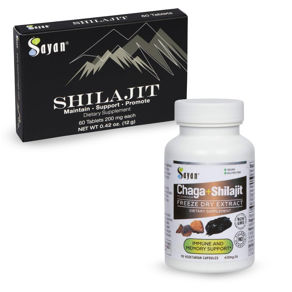Sayan Shilajit Pure Natural Black Resin Mineral Tablets (60 ct.) & Siberian Chaga Mushroom Extract Capsules (90 ct.) Immune Boost Bundle - Supplement for Natural Detox, Energy, & Antioxidant Support