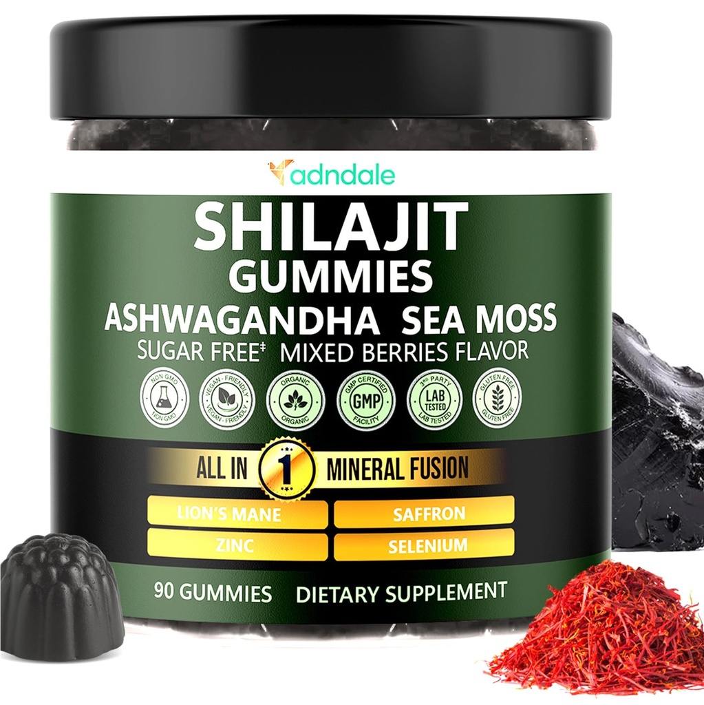 Adndale Himalayan Natural Shilajit Gummies for Men & Women, Sugar-Free Mixed Berries Flavor - with Ashwagandha, Sea Moss, Lion’s Mane & Saffron + Zinc & Selenium - 90 Gummies (45 Servings)